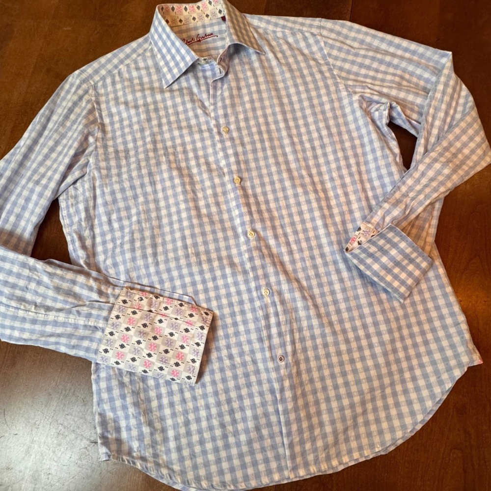 Robert Graham Shirt Mens M Blue Gingham Poker Chip Spade Jacquard Button Down